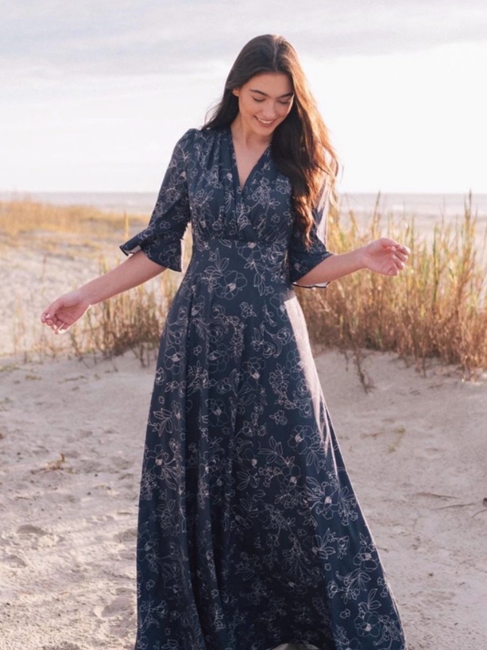 Gal Meets Glam Navy Blue Irene Maxi Dress Cotton Pockets Fall Size 10 HEMMED